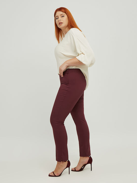 Basic Women's High-waisted Fabric Trousers Slim Fit Burgundy