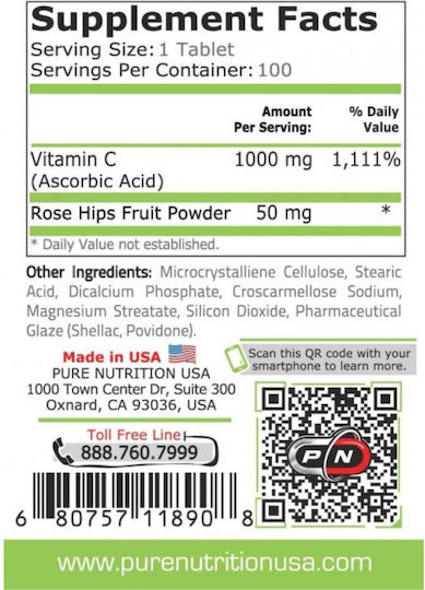 Pure Nutrition Vitamin C Βιταμίνη για Ενίσχυση του Ανοσοποιητικού, τo Δέρμα & Αντιοξειδωτική δράση 500mg Pure 100 ταμπλέτες