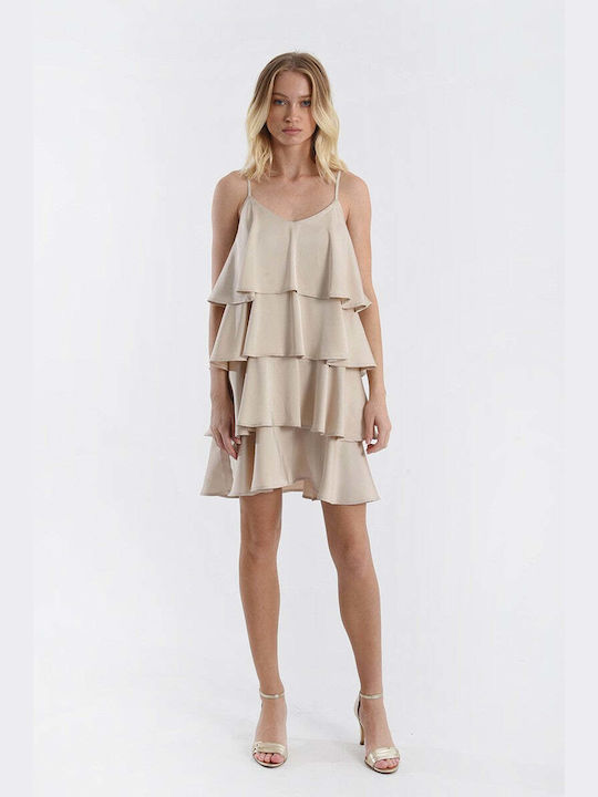 Molly Bracken Summer Mini Dress with Ruffle Beige