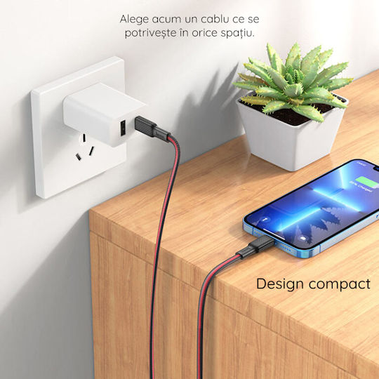 Hoco X69 Jaeger Braided USB 2.0 Cable USB-C Male - USB-A 60W Black 1m HC-X69C-BKW