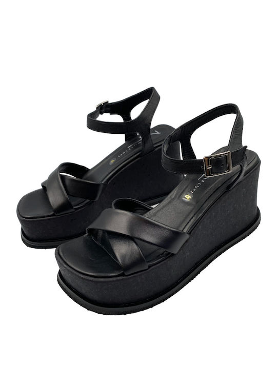 Women's Leather Ankle Strap Platforms Black