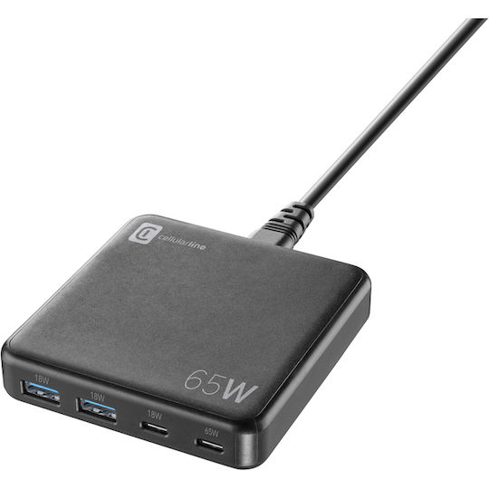 Cellular Line Βάση Φόρτισης με 2 Θύρες USB-A και 2 Θύρες USB-C 65W σε Μαύρο χρώμα (ACHUSBGAN4PD65WK)