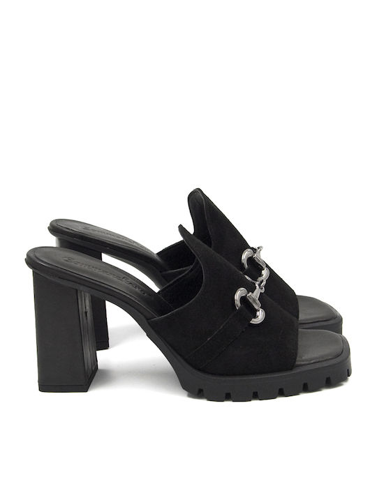 Leather Mules with Chunky High Heel in Black Color