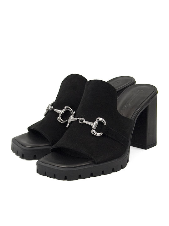 Leather Mules with Chunky High Heel in Black Color