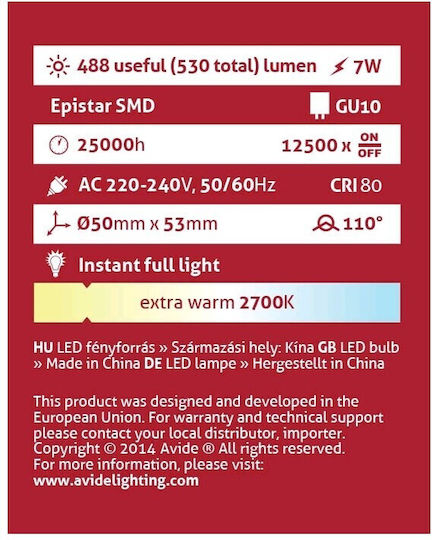 Avide ABGU10EW-7W-AP Λάμπα LED 7W 94mm για Ντουί GU10 Θερμό Λευκό 600lm