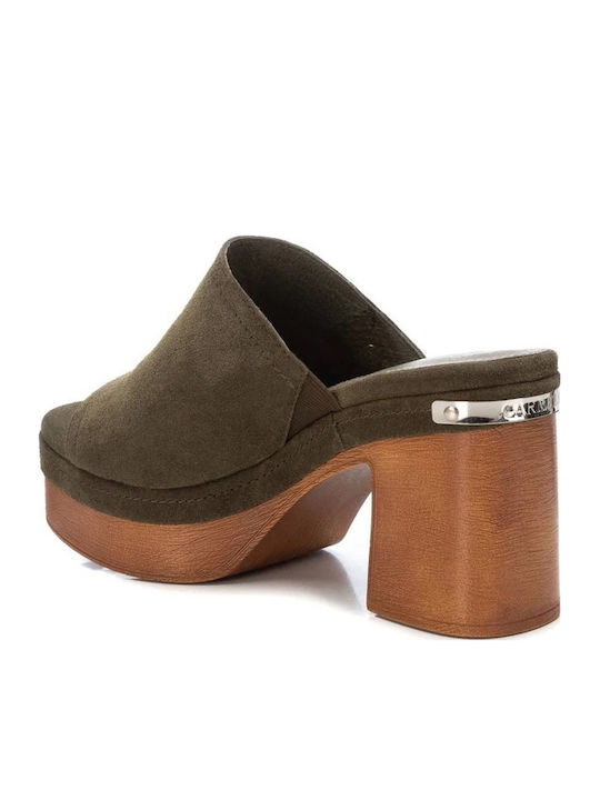 160677 Suede Mules με Χοντρό Ψηλό Τακούνι σε Χακί Χρώμα