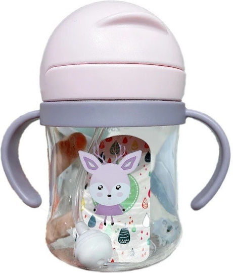 Mamababy Παιδικό Ποτηράκι με Λαβές και Καλαμάκι από Πλαστικό Ροζ 250ml
