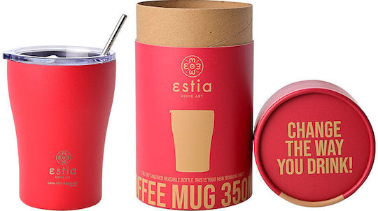Estia Coffee Mug Save The Aegean Recyclable Glass Thermos Stainless Steel BPA Free 350ml Scarlet Red with Straw
