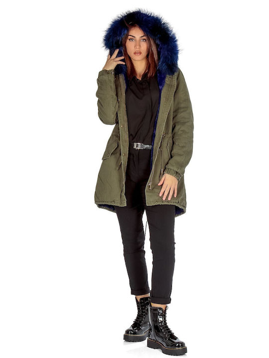 Lang Damen Parka Jacke mit pelziger Kapuze für Winter Khaki PRK-49701 (KHKBL)