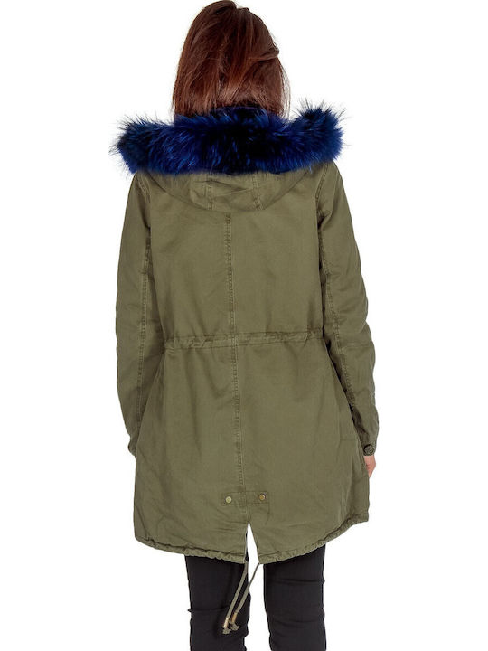 Lang Damen Parka Jacke mit pelziger Kapuze für Winter Khaki PRK-49701 (KHKBL)