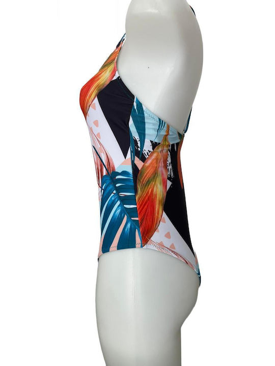 Women's One-piece Swimsuit with Tropical Leaves design in light blue and salmon shades