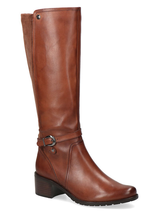 Caprice Leather Medium Heel Riding Boots with Zipper Tabac Brown