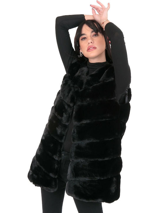 Women's Sleeveless Long Fur Black