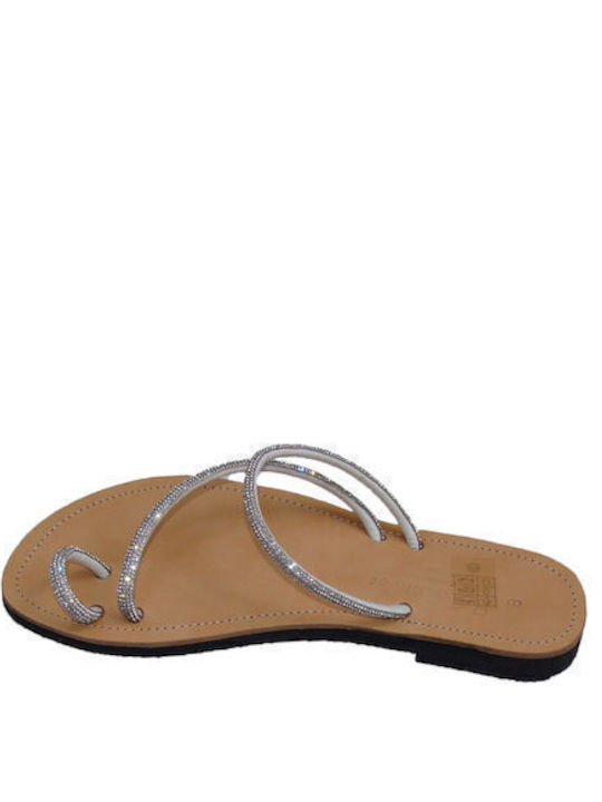 Leather Handmade Flat Sandal with Glitter silver color