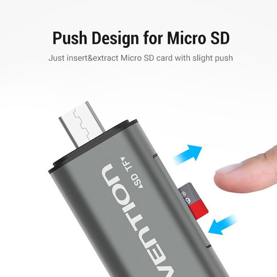 Vention Card Reader USB 3.0 Type-C για SD/microSD Metal Gray