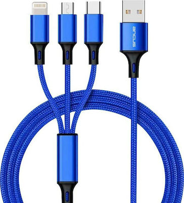 Ancus Flow Plus E54 Braided USB to Lightning / Type-C / micro USB Cable 2A Μπλε 1m (35127)