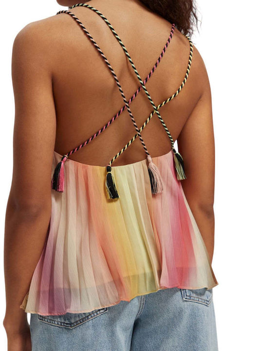 Pleated Rainbow Women's Summer Blouse with Straps & V Neckline Striped Multicolour