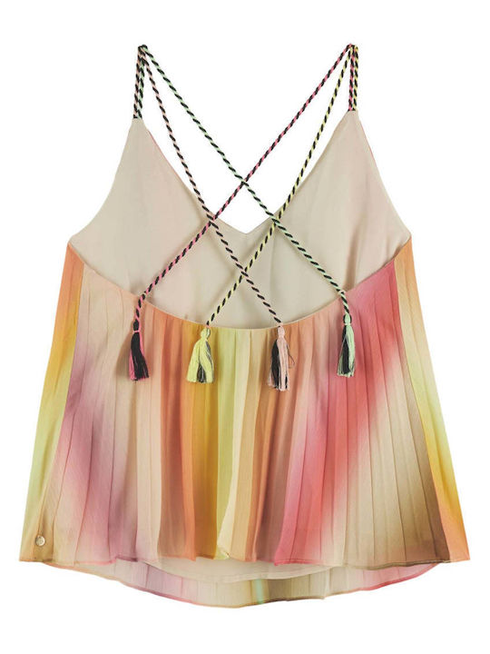 Pleated Rainbow Women's Summer Blouse with Straps & V Neckline Striped Multicolour