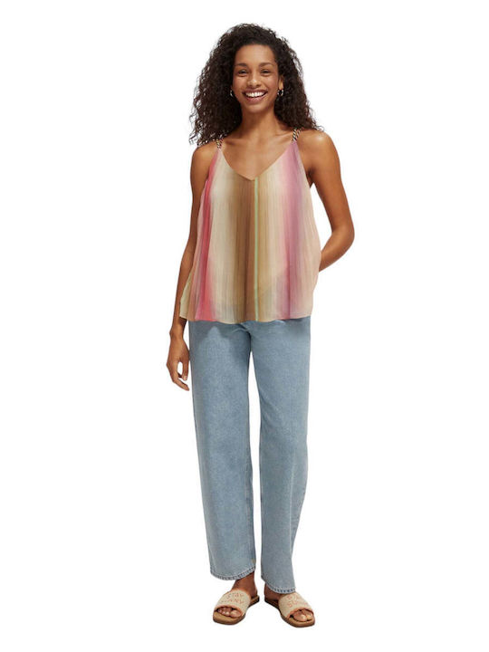 Pleated Rainbow Women's Summer Blouse with Straps & V Neckline Striped Multicolour