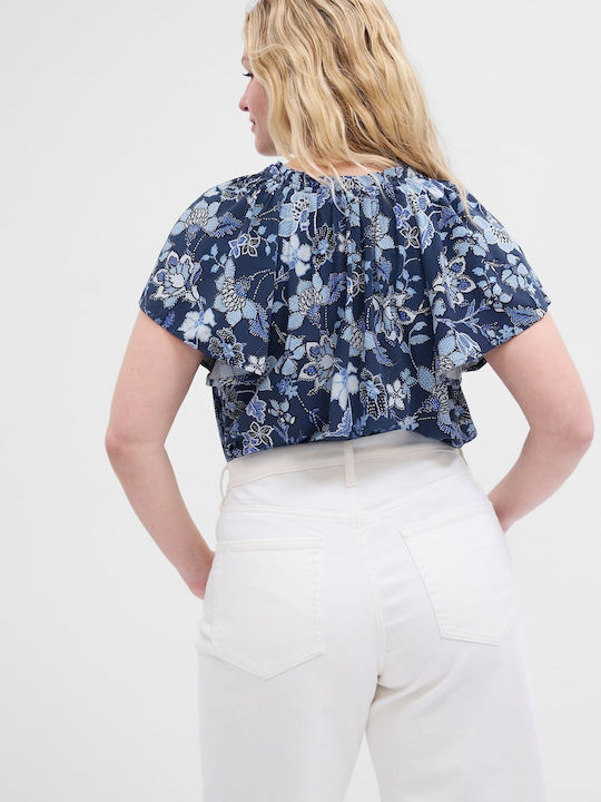 GAP Damen Sommer Bluse Kurzärmelig Blumen Blau