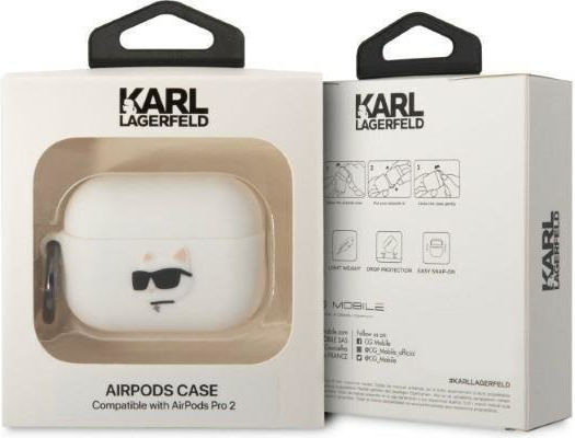 Karl Lagerfeld 3D Logo NFT Choupette Head Hülle Silikon mit Haken in Weiß Farbe für Apple AirPods Pro 2