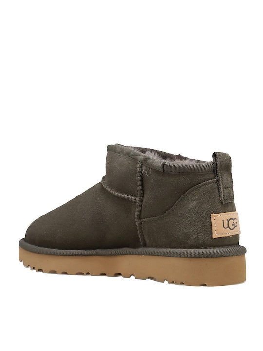 Ghete Dama De Piele Ankle Boots Cu Blană Kaki