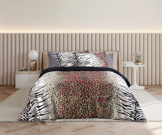 Makis Tselios Home Duvet Cover Set Cotton Satin Queen with 2 Pillowcases 220x240 Zoulou White / Beige / Black