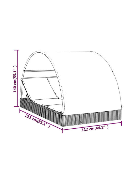 Sunbed Double Rattan with Cushion & Sunshade Black 211x111x140cm.