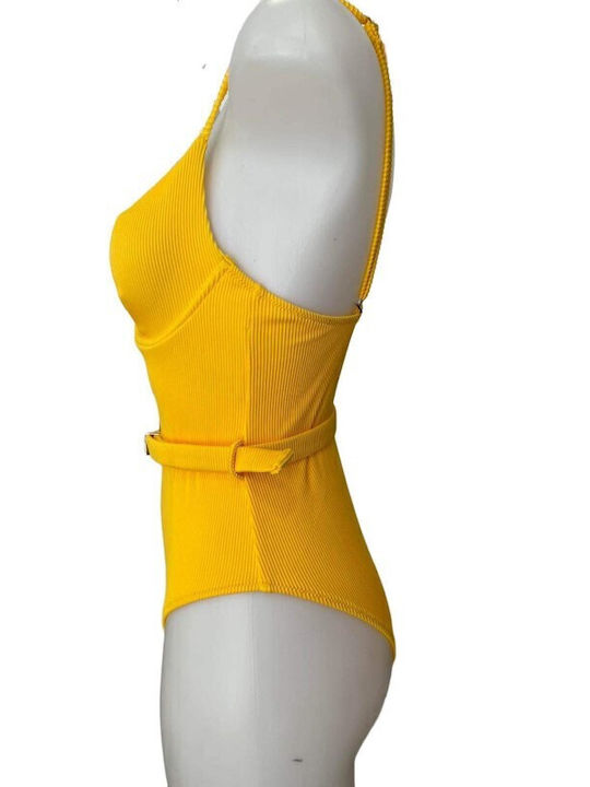 Damen Badeanzug Einteiler Rip mit Bügel und dekorativem Gürtel in Farbe Gelb