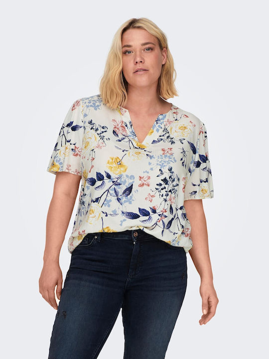 Only Damen Sommerliche Bluse Kurzärmelig mit V-Ausschnitt Blumen Beige