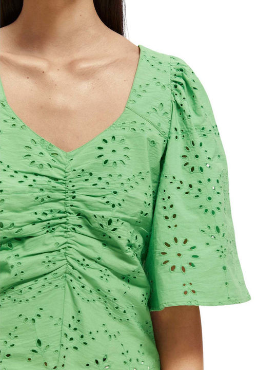 Women's Summer Blouse Cotton Short Sleeve Floral Green