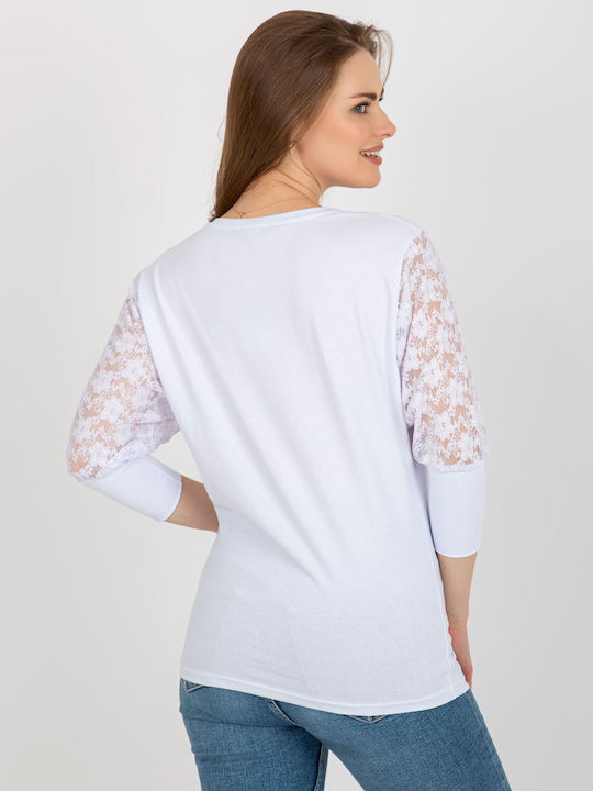 Rue Paris Damen Bluse Baumwolle mit 3/4 Ärmel Weiß