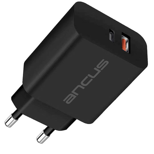Ancus Φορτιστής Χωρίς Καλώδιο με Θύρα USB-A και Θύρα USB-C 30W Power Delivery / Quick Charge 3.0 Μαύρος (C70D)