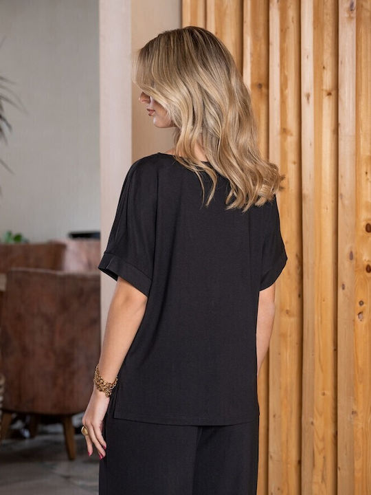 Women's Summer Blouse Short Sleeve with V Neckline Black
