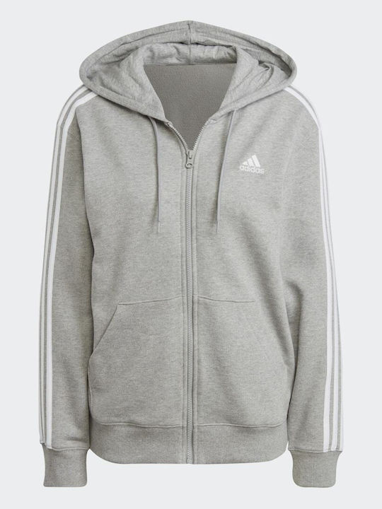 Essentials 3-Stripes French Terry Γυναικεία Ζακέτα Φούτερ με Κουκούλα Γκρι