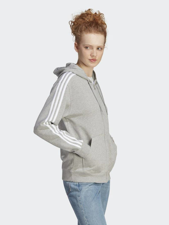 Essentials 3-Stripes French Terry Γυναικεία Ζακέτα Φούτερ με Κουκούλα Γκρι
