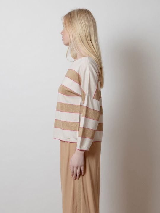 Damen Langarm Pullover Gestreift Beige