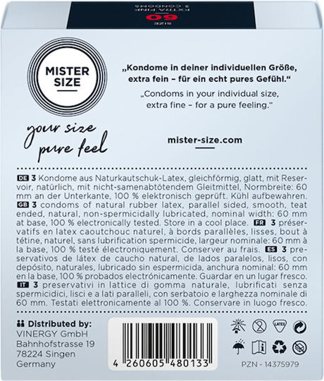 Mister Size Προφυλακτικά Extra Fine Size 60mm 3τμχ 60mm Λεπτά για Φυσική Αίσθηση Natural Vegan