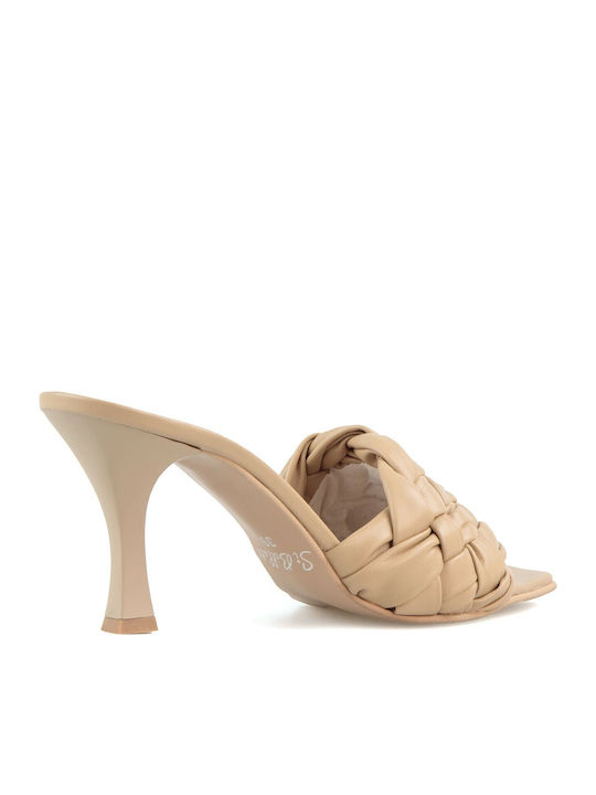 Mules with Thin High Heel in Beige Color
