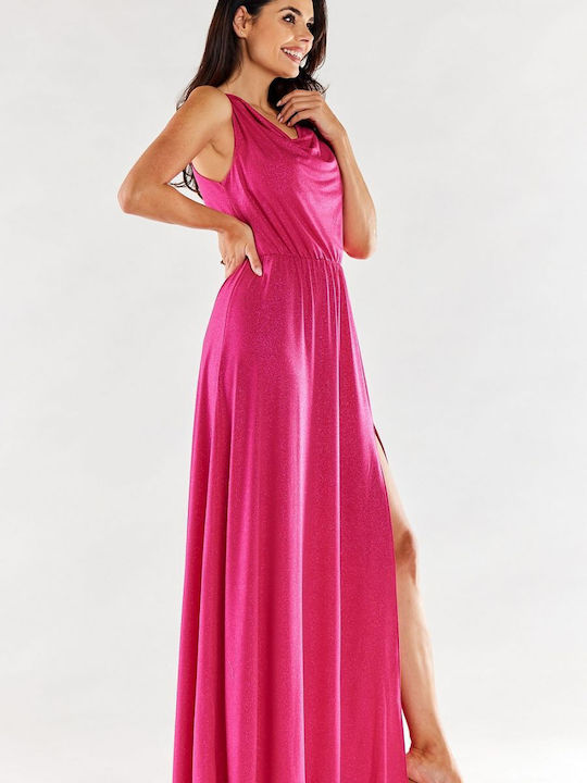 Awama A553 Maxi Rochie de Seară Drapat Fuchsia