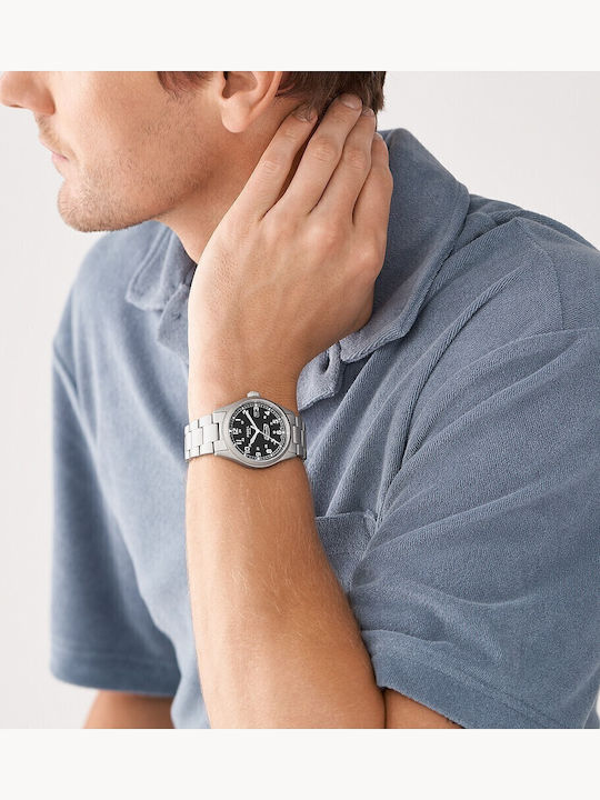 Fossil Ανδρικό Ρολόι 40mm Μπαταρίας με Ασημί Μεταλλικό Μπρασελέ