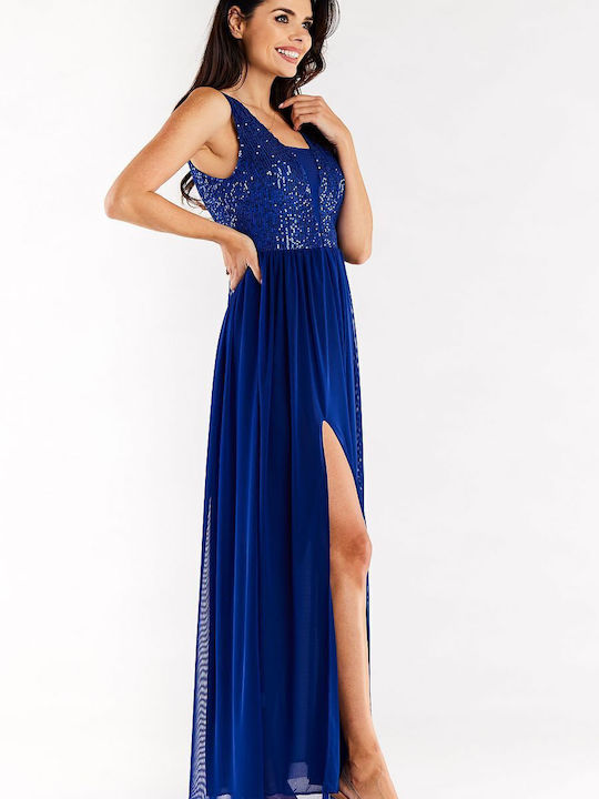 Awama A486 Summer Maxi Evening Dress Open Back with Sheer Blue