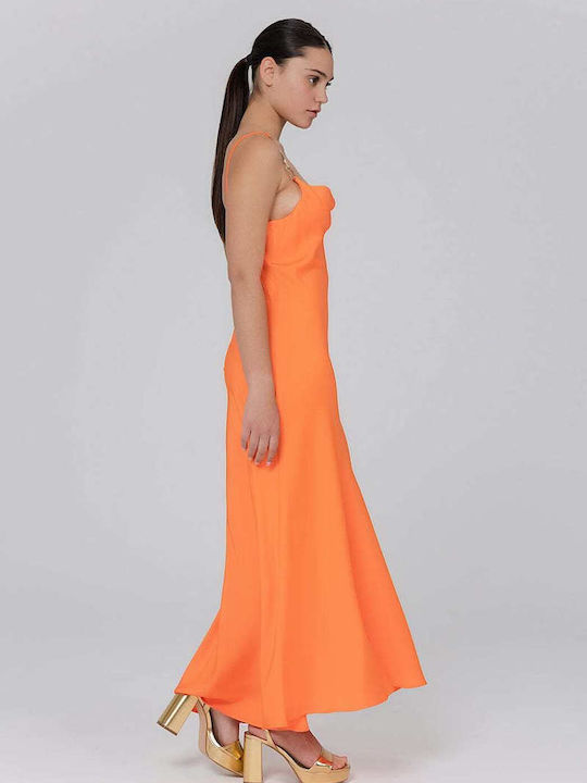 Summer Maxi Evening Dress Satin Draped Orange