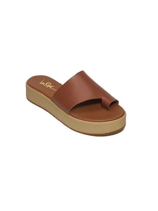 Leather Women's Flat Sandals Flatforms in Tabac Brown Color