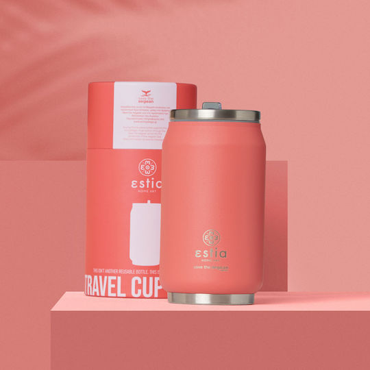 Estia Travel Cup Save the Aegean Recyclable Glass Thermos Stainless Steel / Plastic BPA Free 300ml Fusion Coral with Straw