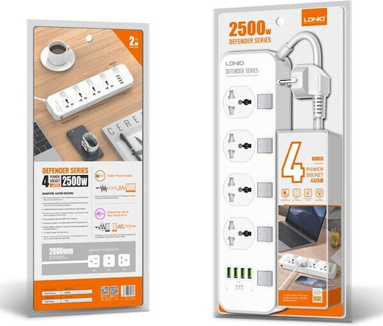Ldnio SS4408 Πολύπριζο 4 Θέσεων με 4 USB-A, Διακόπτη και Καλώδιο 2m