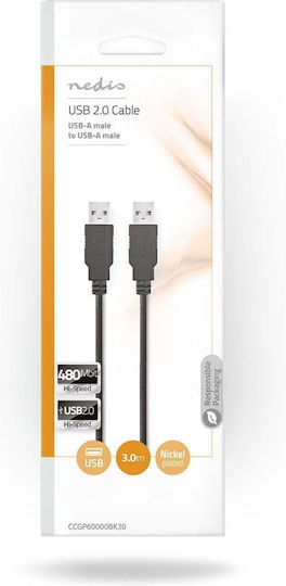 Nedis USB 2.0 Cable USB-A male - USB-A male 3m (CCGT60000BK30)