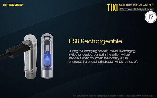 NiteCore Επαναφορτιζόμενος Φακός Μπρελόκ LED IP66 με Μέγιστη Φωτεινότητα 300lm TIKI