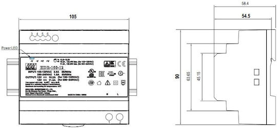 Mean Well HDR-150-12 DIN Rail Power Supply 11.3A/12V/135.6W