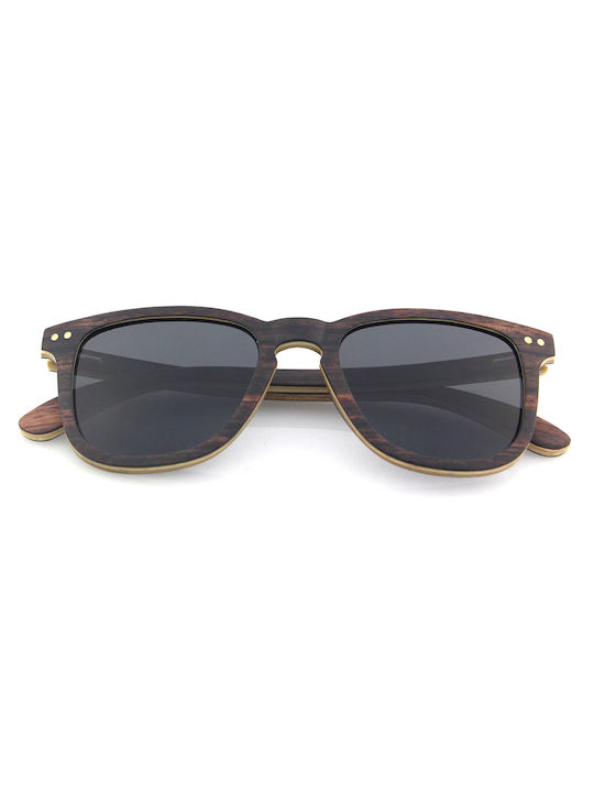 Daponte Unisex Sunglasses with Brown Wooden Frame and Gray Polarized Lens DAP041E#4